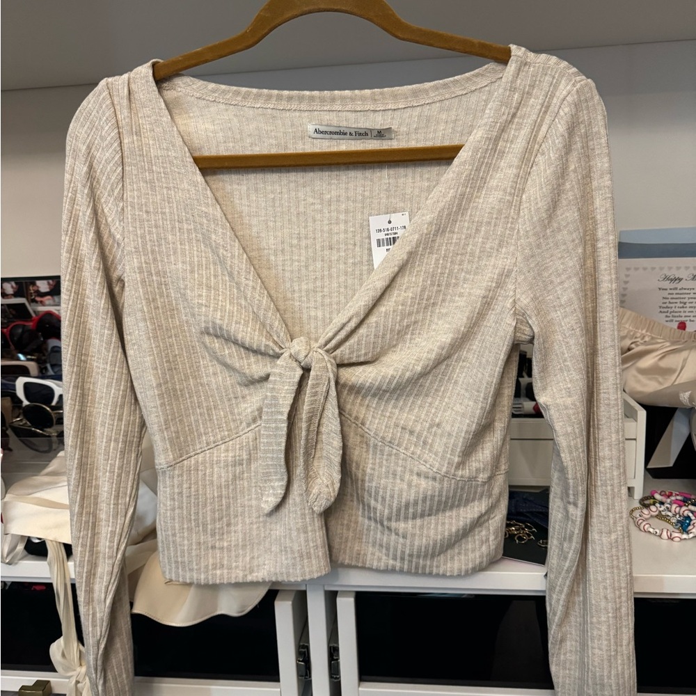 Abercrombie & Fitch Cream Tie-Front Ribbed Top